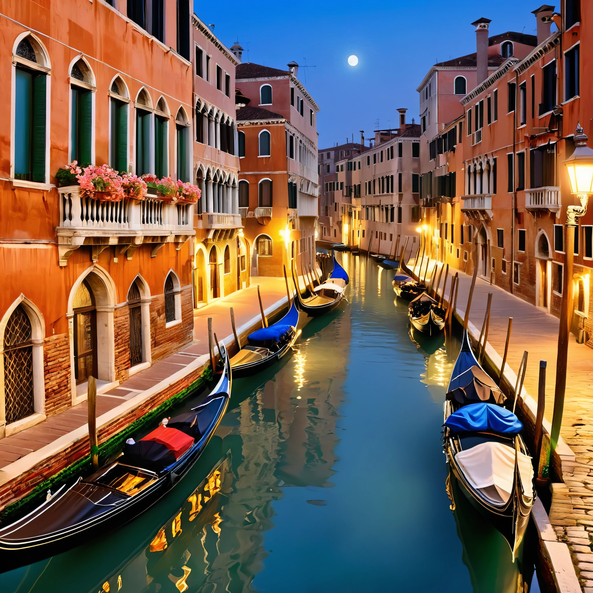Generate an enchanting scene that embodies the romantic essence of Venice, Italy. Depict a serene evening along the iconic canals of Venice, with gondolas gently gliding on the shimmering water. Illuminate the scene with the soft glow of lampposts lining the cobblestone streets. Emphasize the intricate architecture of Venetian buildings, adorned with ornate balconies and flower boxes. Capture the reflection of these architectural gems in the tranquil canals. Enhance the atmosphere with a touch of mist in the air and a hint of moonlight. Convey the timeless allure and intimacy of Venice's romantic ambiance.