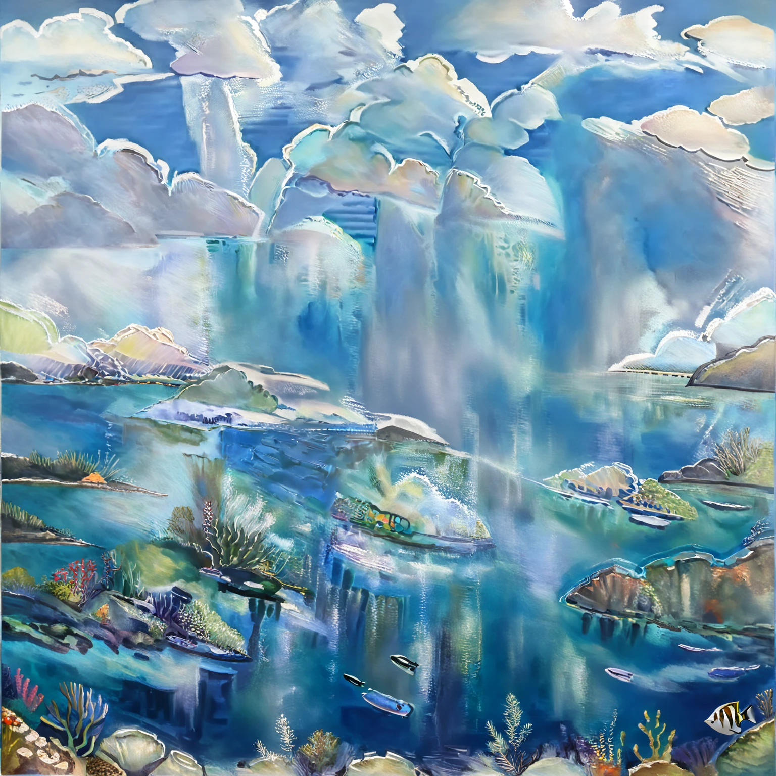 hand painted painting divided in half sky above blue full of beautiful clouds, horizon with hills, houses, tourist coastal town and in the water underwater divers exploring the underwater depths