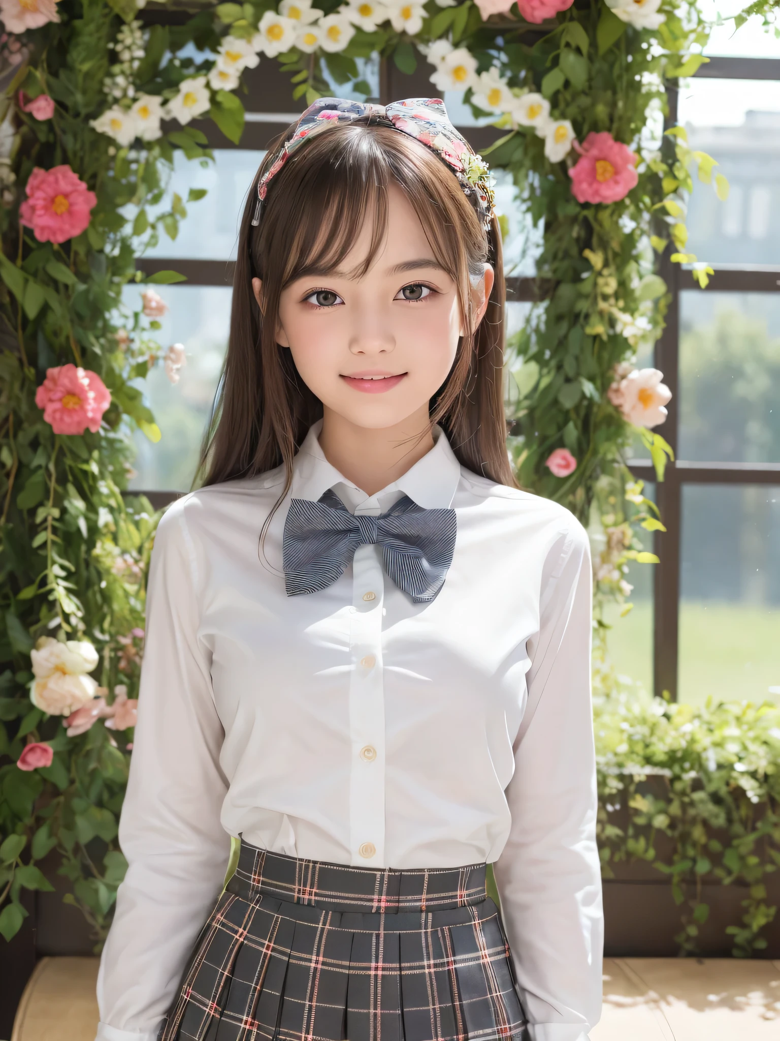 (1girl), (round eyes:1.2), (highly detailed face and eyes), refreshing smile, Amazing face and eyes, (school uniform, skirt, bow tie:1.3), (Best Quality:1.4), (Ultra-detailed), (extremely detailed CG unified 8k wallpaper), Highly detailed, High-definition raw color photos, Professional Photography, Realistic portrait, indoors, (casual room, cute wallpapers:1.3), (A moment of relaxation), model, (studio photo shoots, cute backgrounds, many flower decorations), depth of fields, (fine face:1.2), summer,