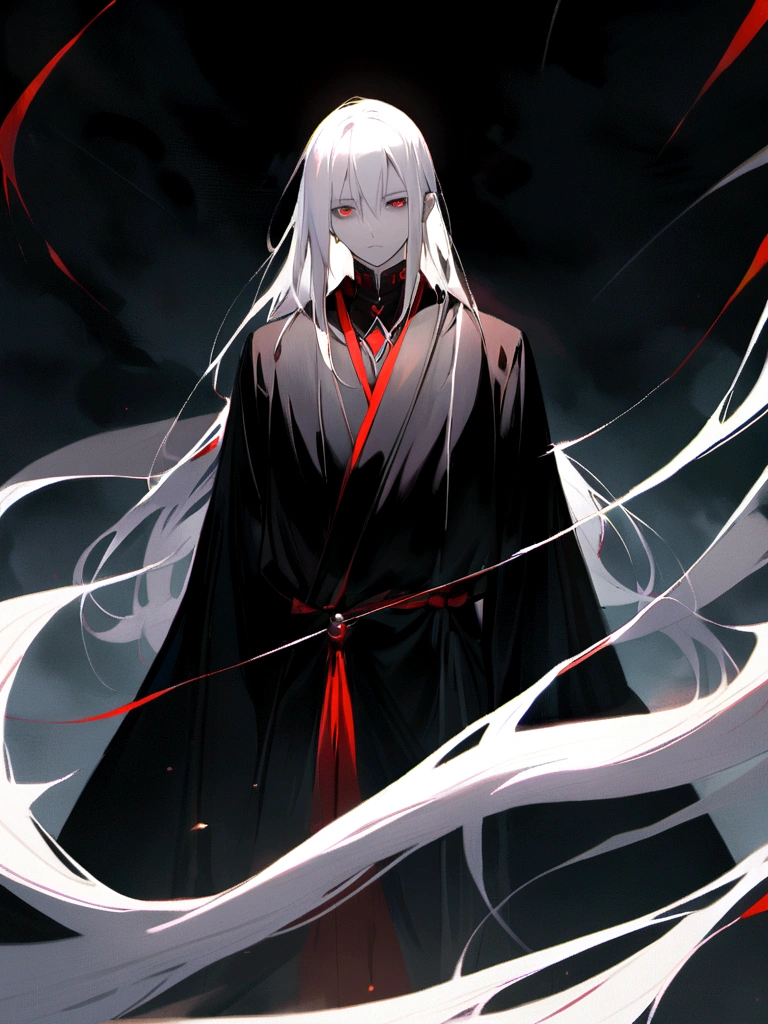 full-length, medium-sized boy, long white hair, pale skin, black robe, red eyes, calm gaze, bruises under the eyes