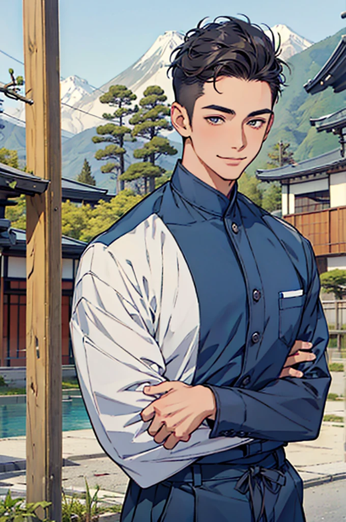 ((Artwork)), ((Masterpiece)), 4K, very detailed face, 1 boy, buzzcut hair, Japanese ethnicity, 18-year-old face, tall, wears blue uniform, Japanese student uniform, Japanese school scenery, looking at screen, smiling, has a fat and strong body.