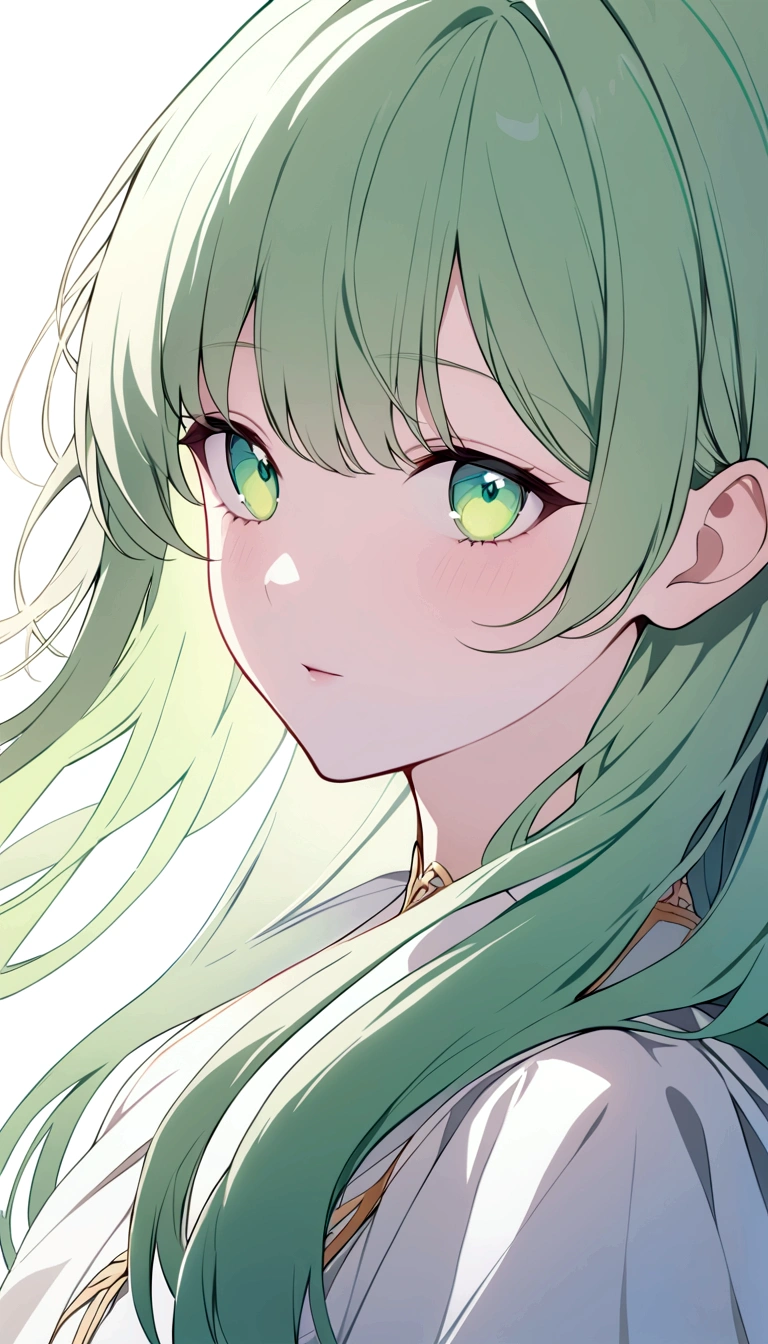 Highest quality, High resolution), Long haired green girl, A close-up of her face, Wearing a white skirt, Details of her eyes and face, Bright colors, Soft lighting, Digital Illustration, Ethereal atmosphere