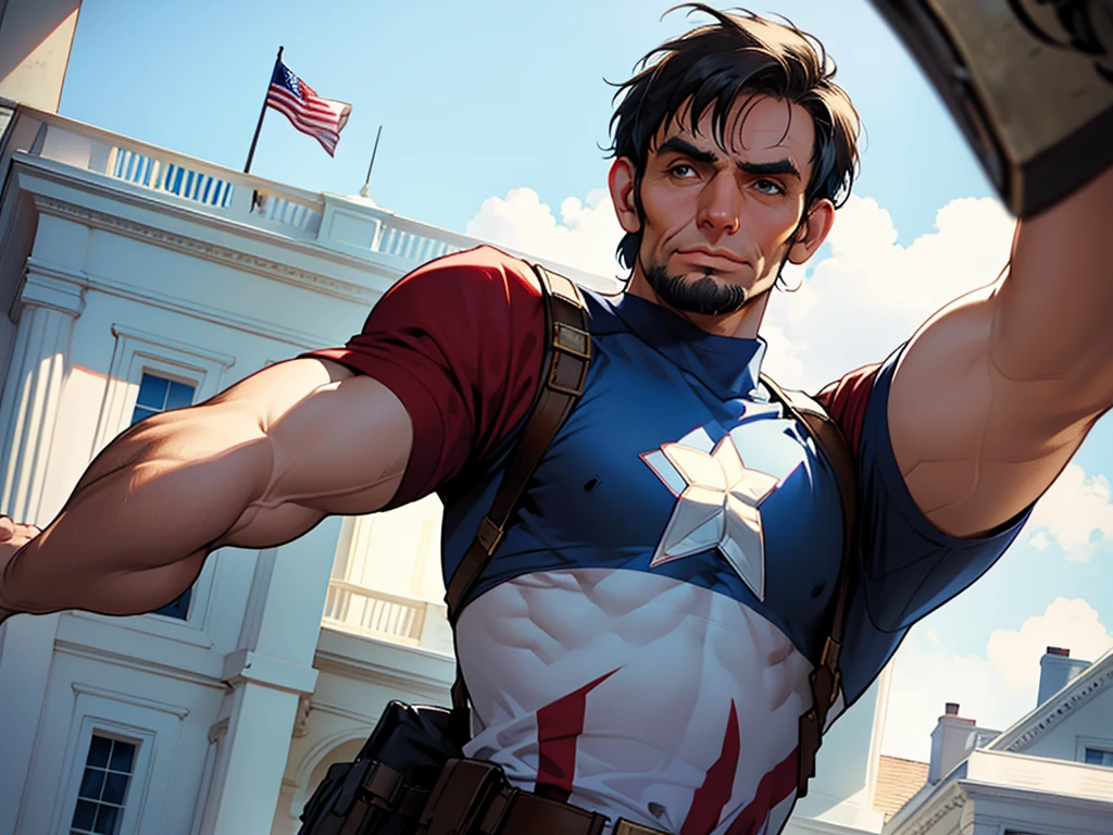Abraham Lincoln defending the White House, dressed as Captain America, without the shield, a sunny day, image for t-shirt print