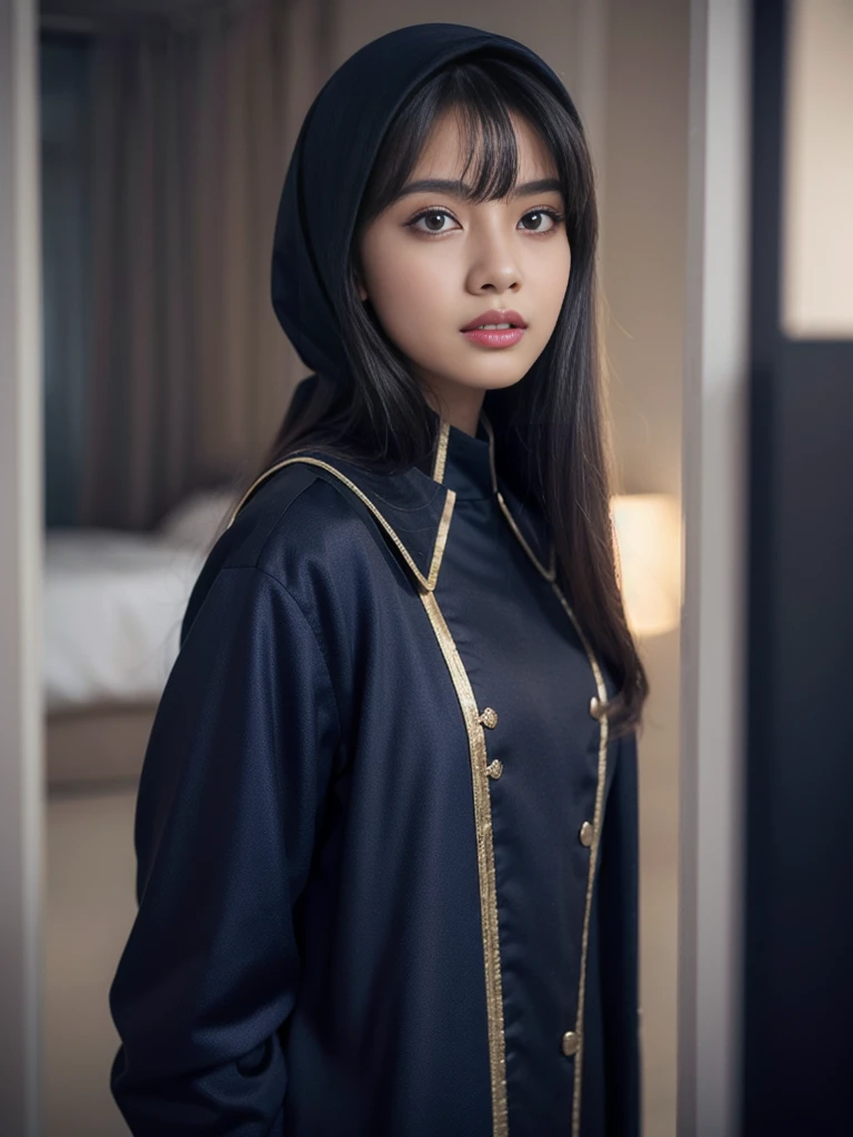 8K, Best Quality, 1girl, (skindentation), Night, (Dark), Clear Background Indoors, (People), Beautiful Bangs, Gorgeous,, (Clothing and Uniform:1.3),Soft Lighting, Attractive, Dark Room, (Mouth Closed:1.2, Beautiful Eyes, Detailed Eyes, Detailed Iris, Beautiful Lips, Beautiful Nose, Beautiful Face),(Primary Colors:1.5), beautiful Malay hijab supermodel, hour-glass body