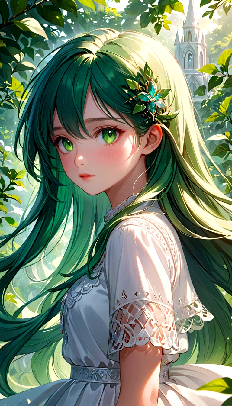 best quality, highres), green-haired girl with long hair, close-up of her face, wearing a white skirt, details of her eyes and face, bright colors, soft lighting, digital illustration, ethereal atmosphere