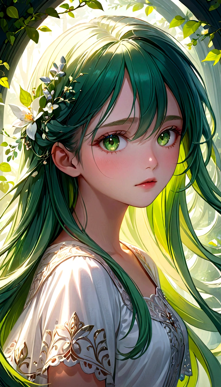 best quality, highres), green-haired girl with long hair, close-up of her face, wearing a white skirt, details of her eyes and face, bright colors, soft lighting, digital illustration, ethereal atmosphere