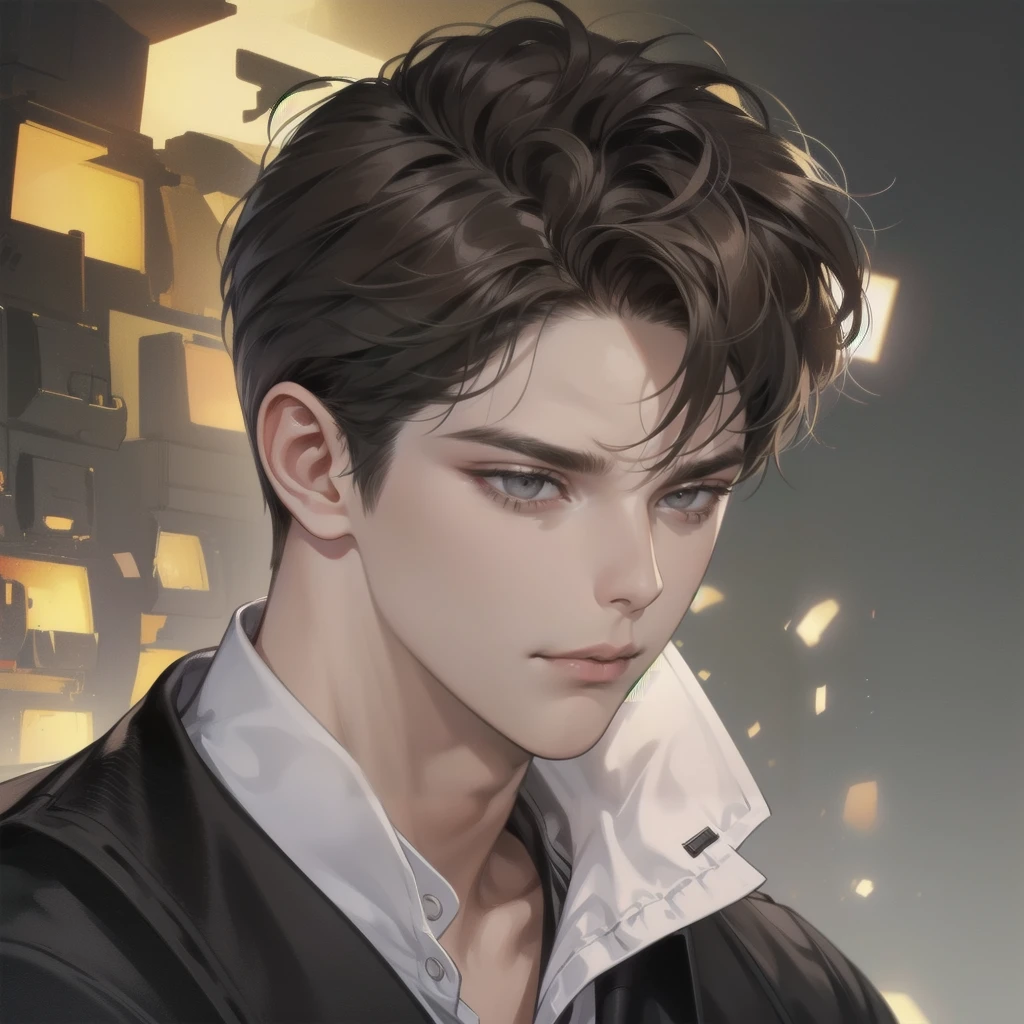 masterpiece, best quality, realistic, 1man, mature male, quiet and charming young man, 25 years old, close his eyes, serious look, extremely detailed face, smirk, ((dark grey eyes)), ((short-right-swept dark brown hair)), [thick eyebrows], detective, Black background, Victorian era, cinematic lighting, background size is more than the man
