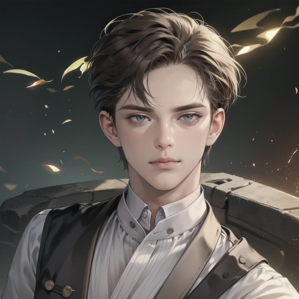 masterpiece, best quality, realistic, 1man, mature male, quiet and charming young man, 25 years old, close his eyes, serious look, extremely detailed face, smirk, ((dark grey eyes)), ((short-right-swept dark brown hair)), [thick eyebrows], detective, Black background, Victorian era, cinematic lighting, background size is more than the man