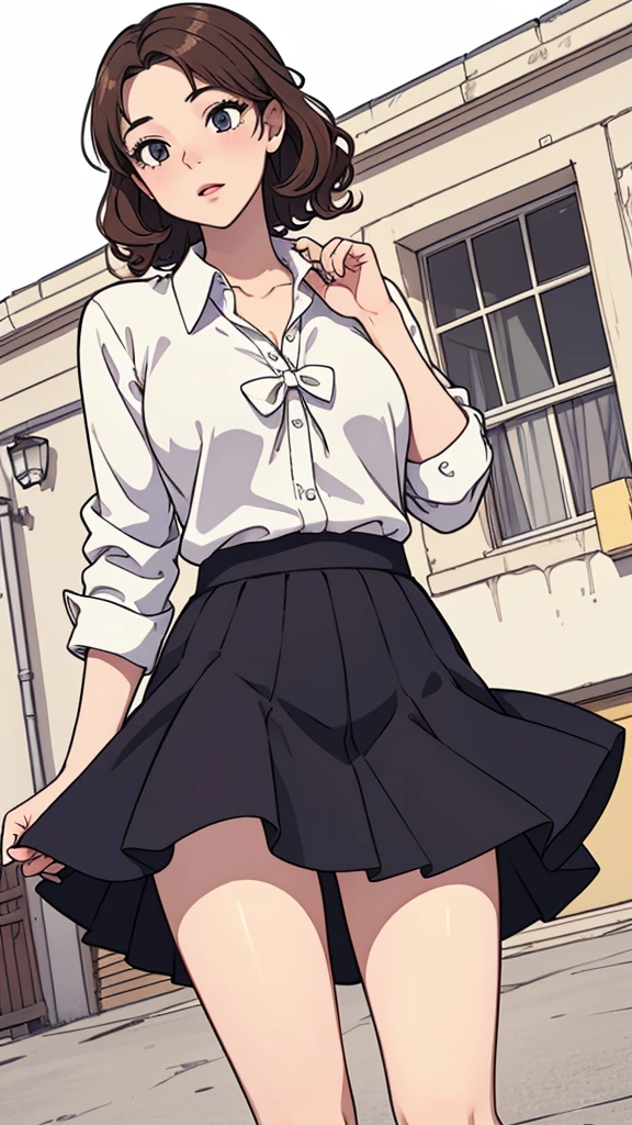 (((masterpiece, best quality, ultra highres, 1 girl, solo, no background))), super detailed skin and face and eyes and finger, beautiful japanese woman, small breasts:1.5, skinny, light brown hair, white background, very short pixie hair, (an illustration of girl), Knee shot, Generate with illustrations, Various expressions, Various poses,  outline, anime, Panty shot, Spread legs, Skirt, White panties, Shirt, White shirt, Lips, Tie, Pleated skirt, curly hair,