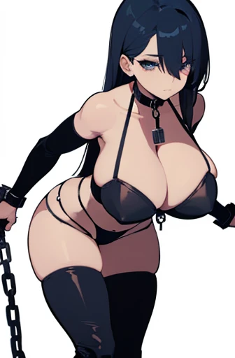 Female, bent over, exposed stomach, (chained to metal frame:1.2), human head, (iron thigh cuffs:1.1), legs open, (detailed face and eyes:1.2), (huge breasts:1.1), (busty), (deep cleavage:1.1), (labia outline:1.2), (teat outline:1.2).