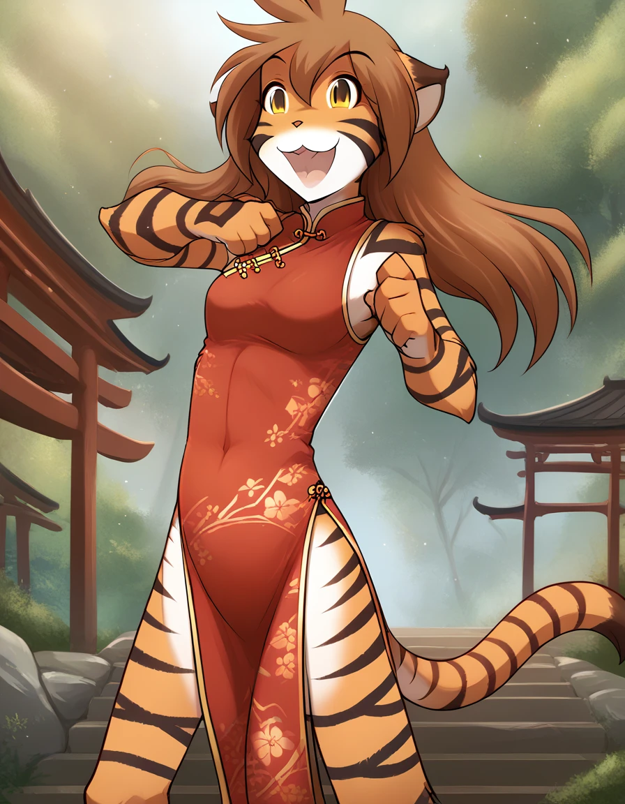 score_9, score_8_up, score_7_up, score_6_up, score_5_up, score_4_up, rating_explicit, source_furry, female, cute anthro female, cute face, detailed background, looking at viewer, solo, solo focus, (no nipples, no vagina:1.2), (digital pen line-art, soft lines, soft shading, pinup, cartoon, anime:1.2), tkflora,tiger, striped fur, tiger tail, open smile, (short red Qipao:1.4), tiger tail, looking at viewer, legs, outside, martial artist, happy, legs, long hair