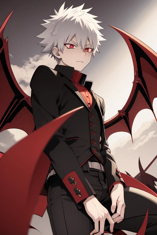 Katsuki Bakugo from My Hero Academia, Vampire, incubus, red eyes and white hair, bat wings, black clothes, black steampunk pants, red shirt, black vest, pale skin. Looking straight at the viewer