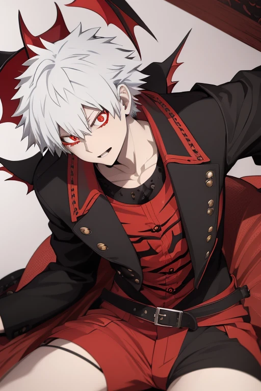 Katsuki Bakugo from My Hero Academia, Vampire, incubus, red eyes and white hair, bat wings, black clothes, black steampunk pants, red shirt, black vest, pale skin. Looking straight at the viewer