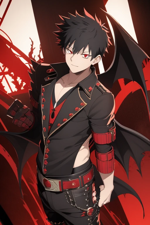 Katsuki Bakugo from My Hero Academia, Vampire, incubus, red eyes and white hair, bat wings, black clothes, black steampunk pants, red shirt, black vest, pale skin. Looking straight at the viewer