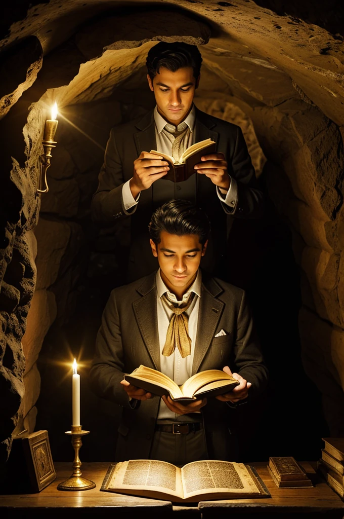 A magician inside a cave with an ancient book with golden pages and sparkling letters in his hands