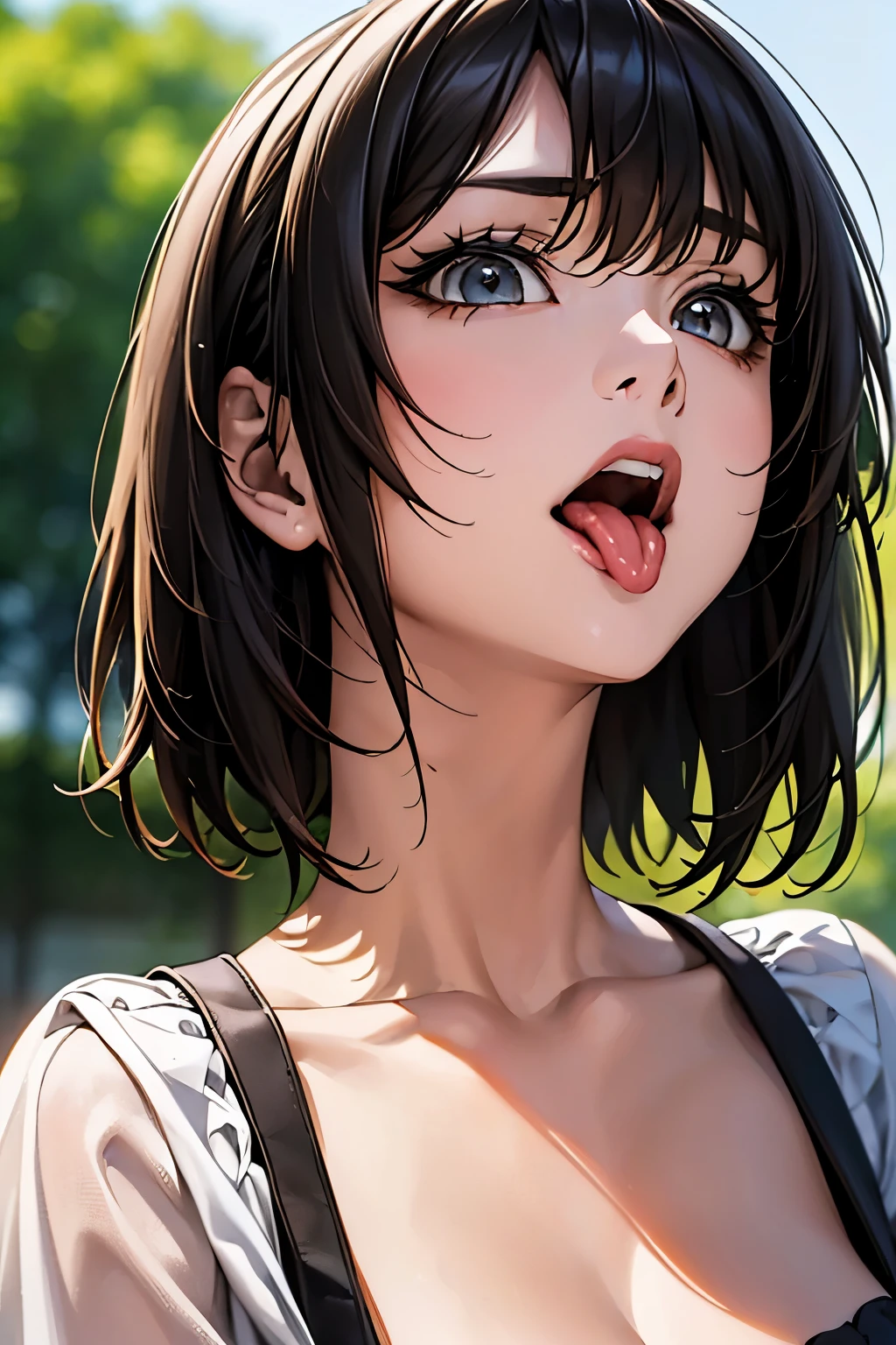 (masterpiece), ((最high quality)), (masterpiece,最high quality,Official Art,Highly detailed CG Unity 8k wallpaper)、Beautiful Japanese Women、Face drawn in detail、Smooth Skin、(Short black hair:1.5)、Calm expression、high quality、Realistic、((Hollow Eyes:1.3))、A seductive smile、(Open your mouth and stick out your tongue:1.3)、(Looking up at the viewer:1.4)、((Place one hand over your mouth))、Big Breasts