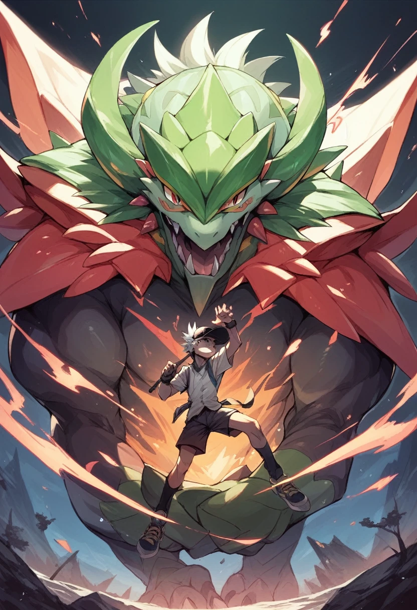 Make a picture of a boy standing with a cap covering his face while standing on a mountain., while behind him there is a dragon similar to Rayquaza from Pokémon but in his mega. There is a lot of fog