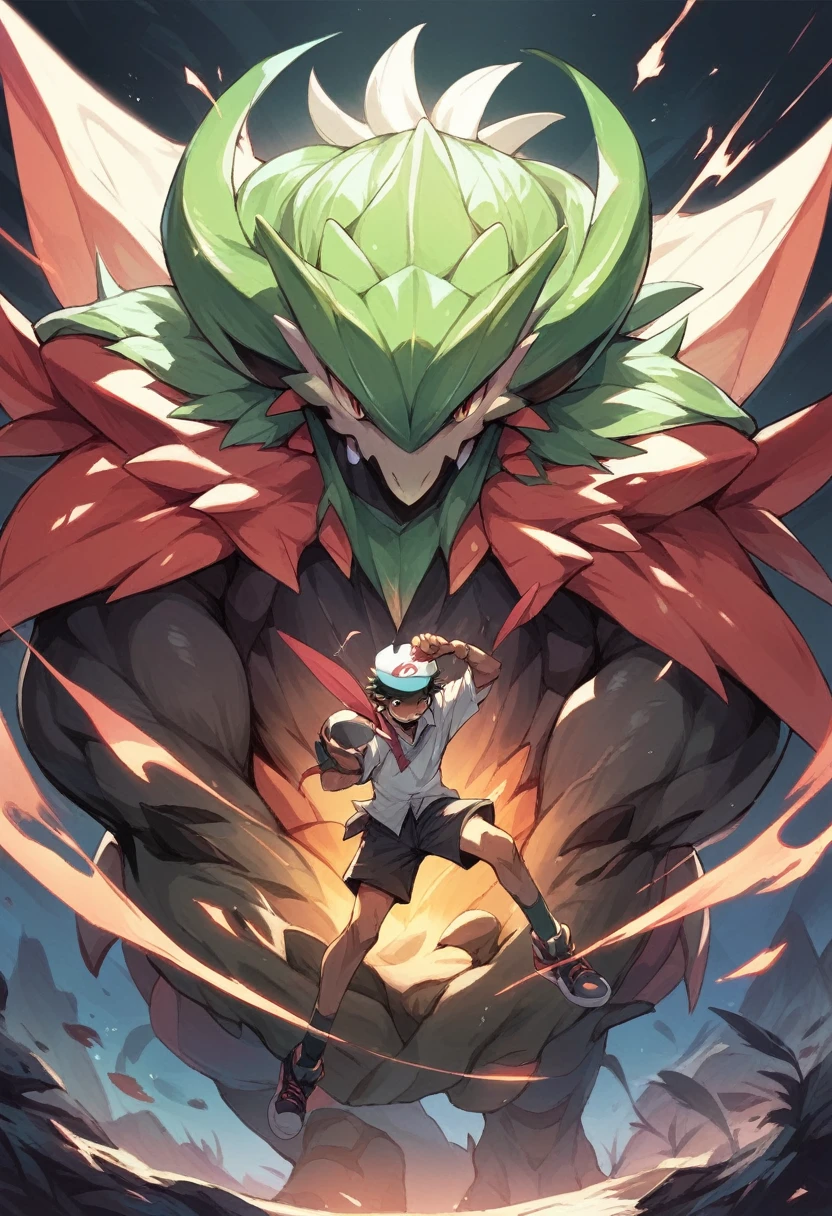 Make a picture of a boy standing with a cap covering his face while standing on a mountain., while behind him there is a dragon similar to Rayquaza from Pokémon but in his mega. There is a lot of fog