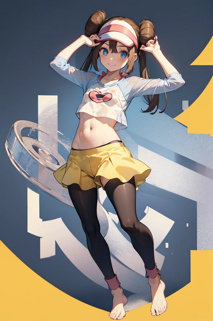ro1, hair bun, blue eyes, twintails, visor cap,hip hang pantyhose, raglan sleeves, hip hang yellow shorts,(hip hang:1.2), (Low-rise:1.2),sexy pose, bewitching pose,(shirt,erect nipples:1.3,see-through:1.3),pink bow, wristWatch、Highest quality,smile、(flat chest:1.5)、barefoot、(full body:1.2)、Waterfront,river