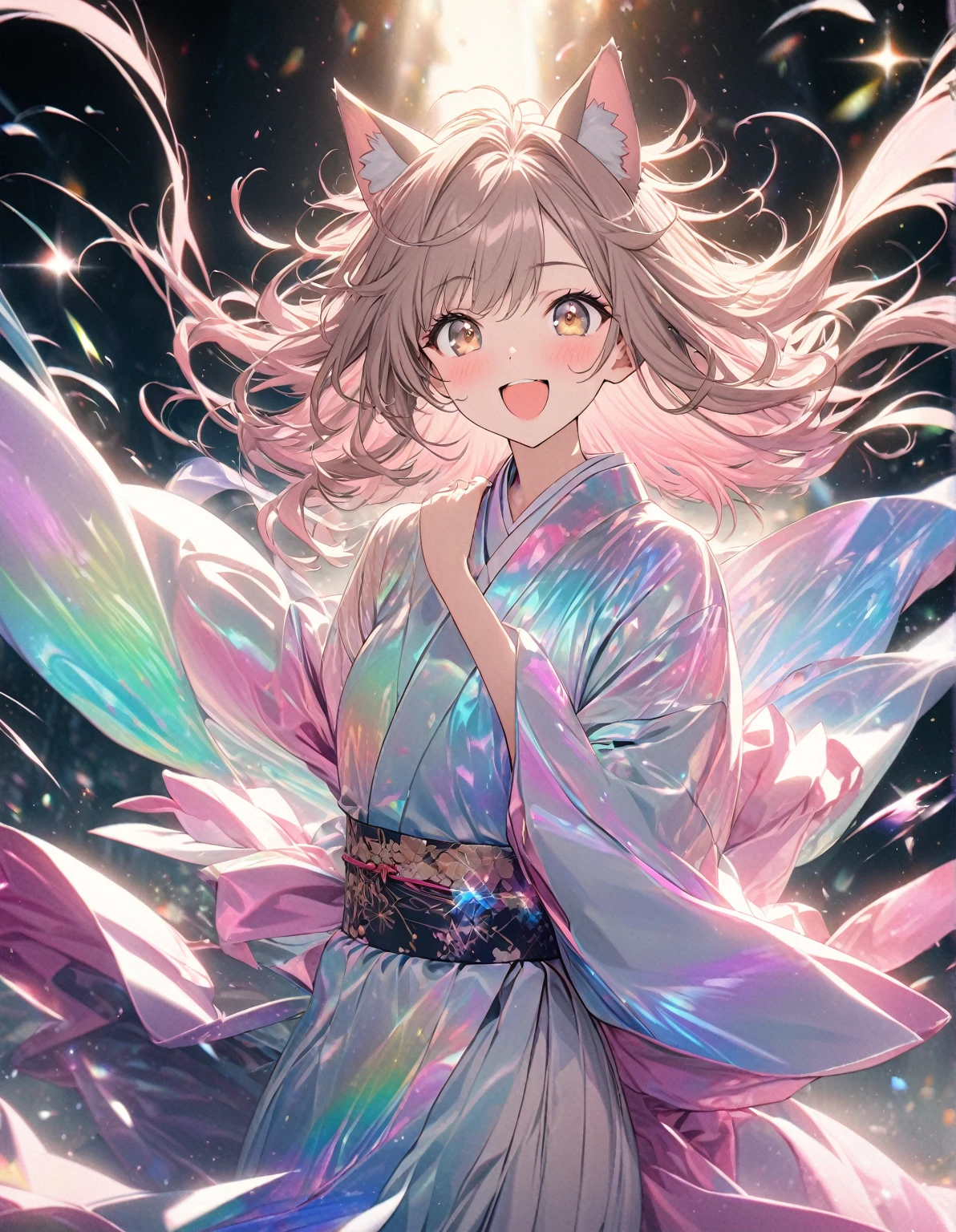 best quality, super fine, 16k, incredibly absurdres, extremely detailed, cute girl smiling, excited look, pink messy hair, wind, wind-effect, sparkling light brown eyes, wearing chic Japanese kimono fashion, fantastic and mysterious, variety of visual styles that combine various artistic elements like a sparkling iridescent pastel and vivid colors, ((neko ears))