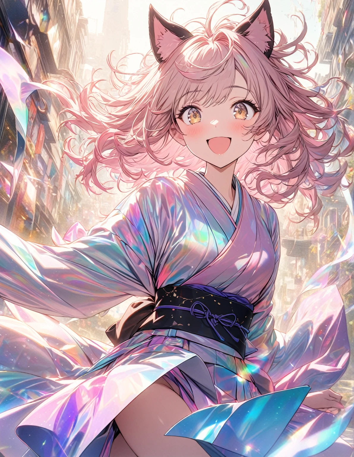 best quality, super fine, 16k, incredibly absurdres, extremely detailed, cute girl smiling, excited look, pink messy hair, wind, wind-effect, sparkling light brown eyes, wearing chic Japanese kimono fashion, fantastic and mysterious, variety of visual styles that combine various artistic elements like a sparkling iridescent pastel and vivid colors, ((neko ears))