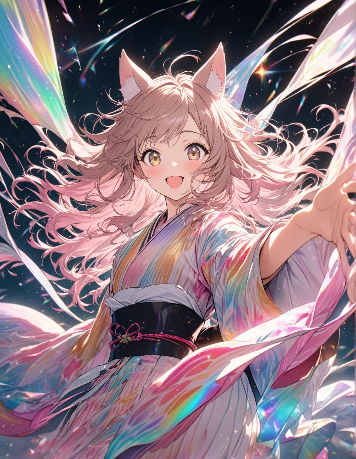 best quality, super fine, 16k, incredibly absurdres, extremely detailed, cute girl smiling, excited look, pink messy hair, wind, wind-effect, sparkling light brown eyes, wearing chic Japanese kimono fashion, fantastic and mysterious, variety of visual styles that combine various artistic elements like a sparkling iridescent pastel and vivid colors, ((neko ears))
