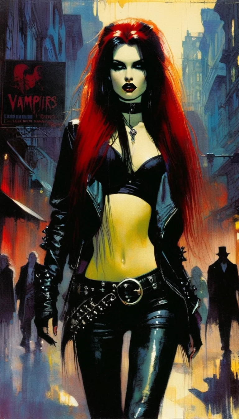 a sexy girl with a punk-gothic appearance and long hair, in the streets of the city of vampires:1.5 (art inspired by Bill Sienkiewicz, oil painting)