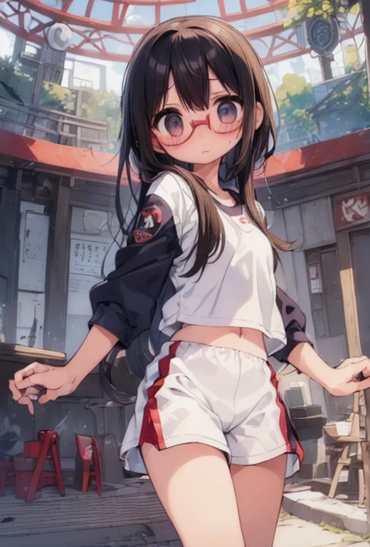 (Big red round glasses:1.3)、(Timid girl、blush、Watery eye:1.2)、Long black hair、White short sleeve shirt、Navy blue shorts、Gym suit、 body、Flat 体、Gym suitショートパンツ、Wide-legged shorts、Shorts and thigh gap