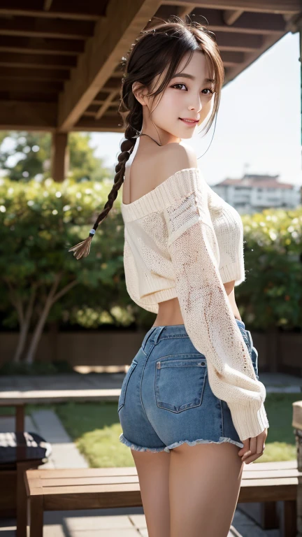 1 Girl, (Wearing a white summer sweater:1.2), Very beautiful Japanese idol portraits,
(RAW Photos, Highest quality), (Realistic, Realistic:1.4), (masterpiece),
Very delicate and beautiful, Very detailed, 2k wallpaper, wonderful, finely, Very detailed CG Unity 8K 壁紙, Very detailed, High resolution, Soft Light,
Beautiful detailed girl, Very detailed目と顔, Beautiful and sophisticated nose, finelyて美しい目, Cinema Lighting,
(I am doing gravure shoots for fashion magazines......:1.3), (Outdoor),(twin braids),
Complete Anatomy, Slender body, Small breasts, smile、Shorts、Hand on the bench、garden、Off the shoulder、belly button、On all fours、Ass Focus、turn around