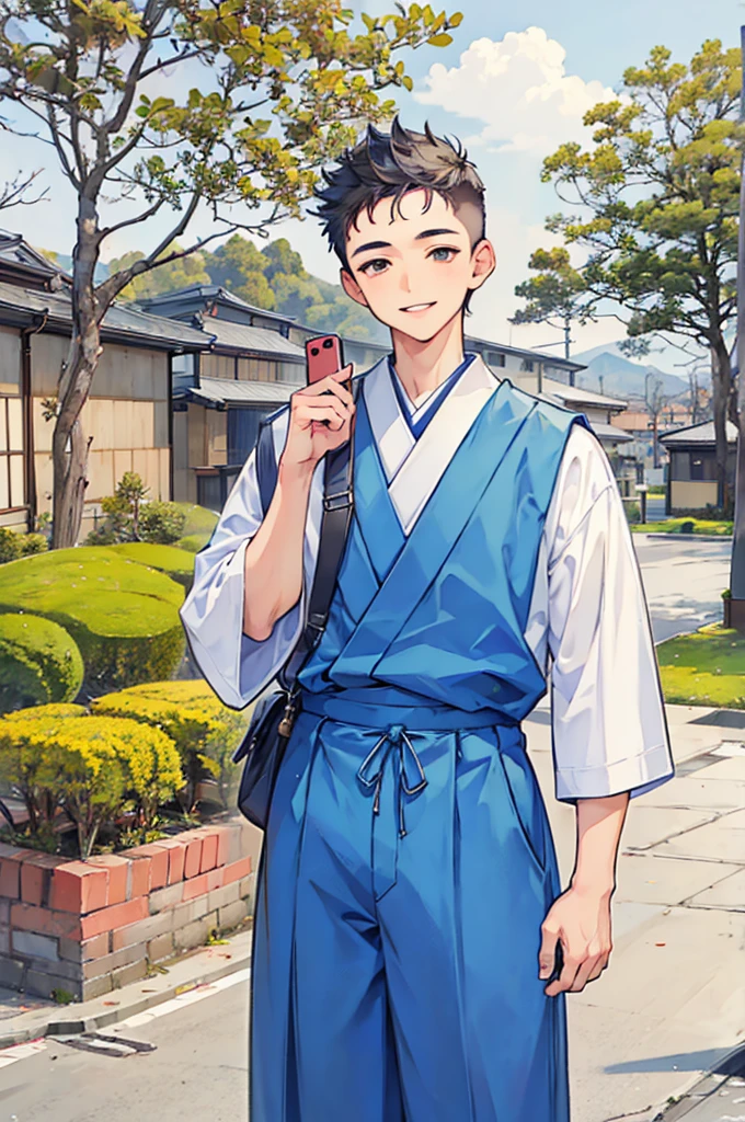 ((Artwork)), ((Masterpiece)), 4K, very detailed face, 1 boy, buzzcut hair, Japanese ethnicity, 18-year-old face, tall, wears blue uniform, Japanese student uniform, Japanese school scenery, looking at screen, smiling, has a fat and strong body.