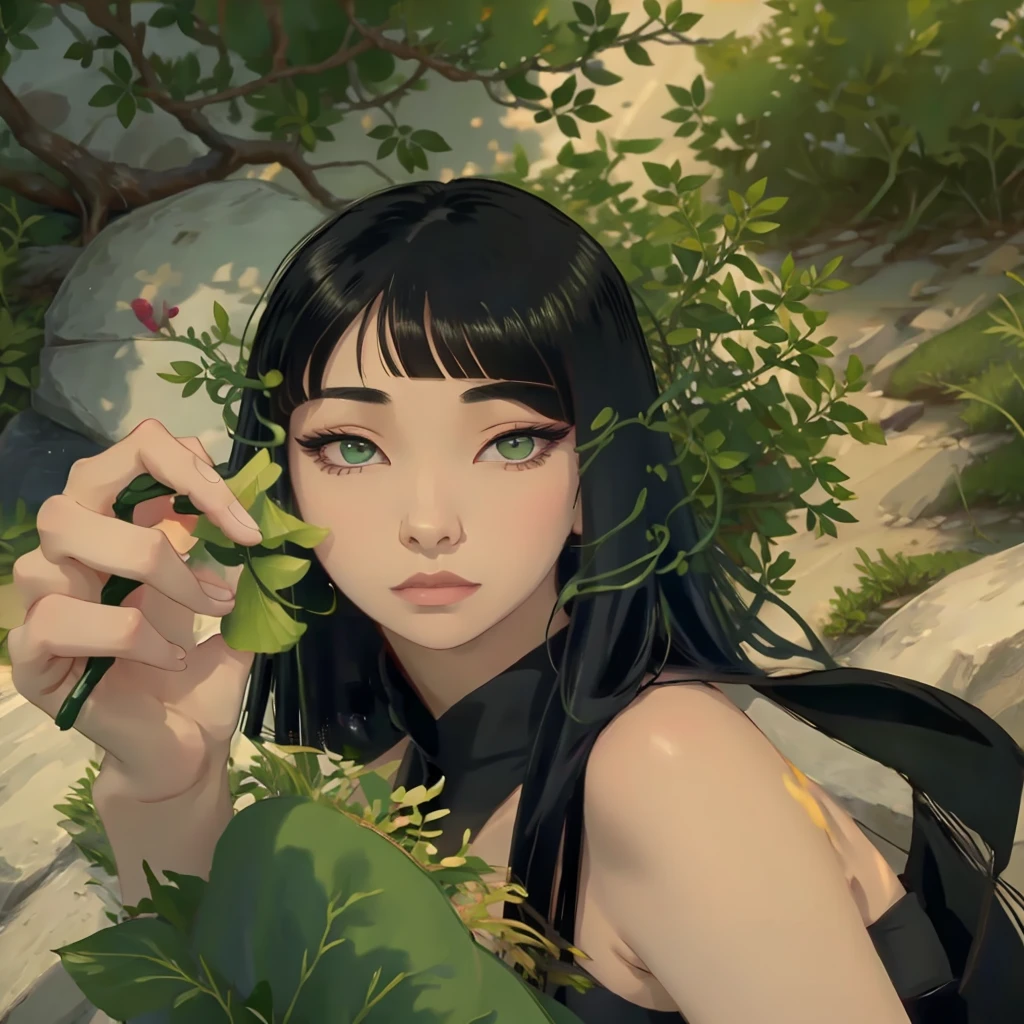 with bangs Asian green eyes,seducing gaze