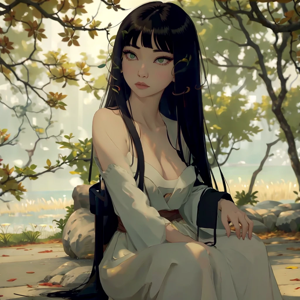 with bangs Asian green eyes,seducing gaze