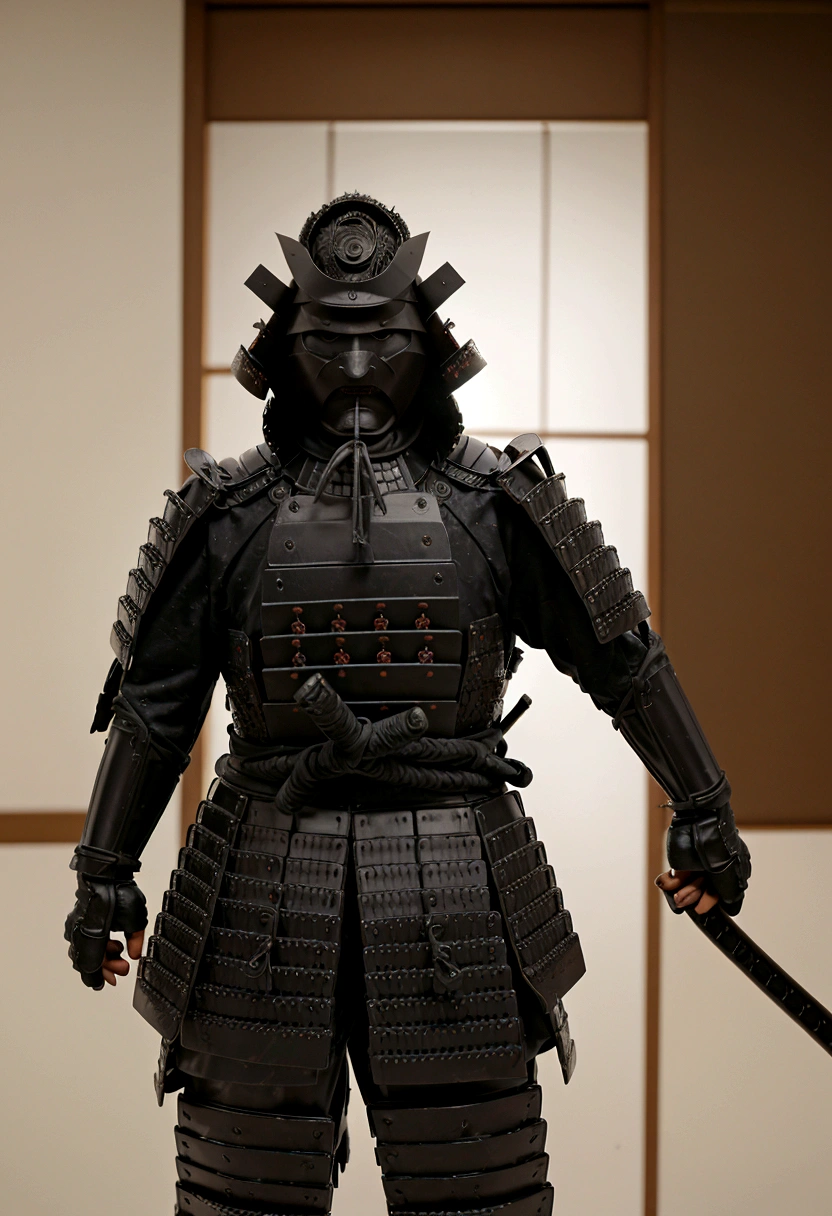 Japanese samurai wear ghost masks，without a helmet, urban samurai, epic image, ero,frontal photo，Extremely meticulous，Full Armor，Front photos，relaxante，without a helmet，curly hair，black armour，broken armor，The body is not clean，bleed，Combat posture，on battlefield，standing posture，getting ready to fight，