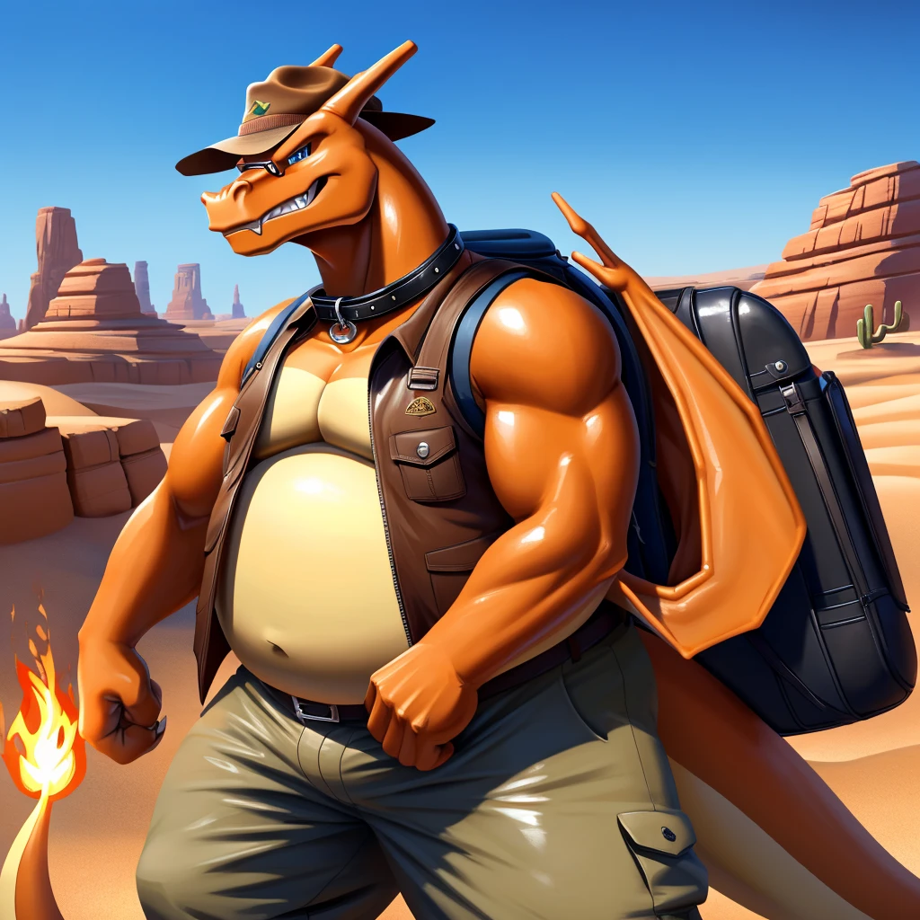 Male, fat, elderly, extremely obese, Charizard, blue eyes, (posing:1.3), (soft shading), 4k, hi res, ((detailed face, detailed)), looking at viewer, evil grin, desert, cactus, shirt, hat, male focus, Explorer Outfit, glasses, pants, bag, vest, backpack, sleeves rolled up, round eyewear, brown headwear, brown vest, Charizard is wearing a glossy leather dog collar around the neck, Charizard is wearing the leather collar and shirt and vest at the same time, Charizard is wearing glossy white rubber gloves on the hands, gloves are rubber in texture, clenching teeth, clenching fists, leather collar is glossy and shiny with a lot of detail.