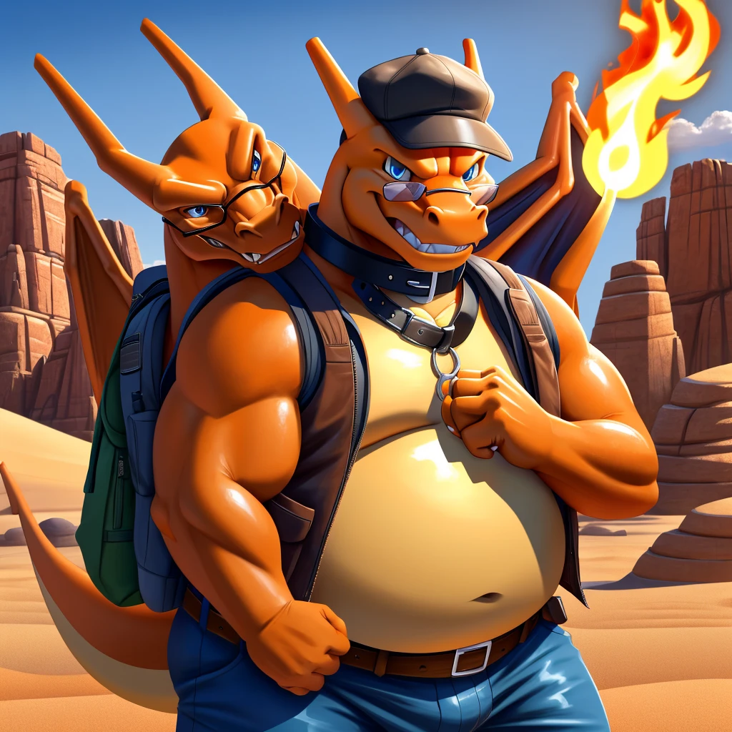 Male, fat, elderly, extremely obese, Charizard, blue eyes, (posing:1.3), (soft shading), 4k, hi res, ((detailed face, detailed)), looking at viewer, evil grin, desert, cactus, shirt, hat, male focus, Explorer Outfit, glasses, pants, bag, vest, backpack, sleeves rolled up, round eyewear, brown headwear, brown vest, Charizard is wearing a glossy leather dog collar around the neck, Charizard is wearing the leather collar and shirt and vest at the same time, Charizard is wearing glossy white rubber gloves on the hands, gloves are rubber in texture, clenching teeth, clenching fists, leather collar is glossy and shiny with a lot of detail.