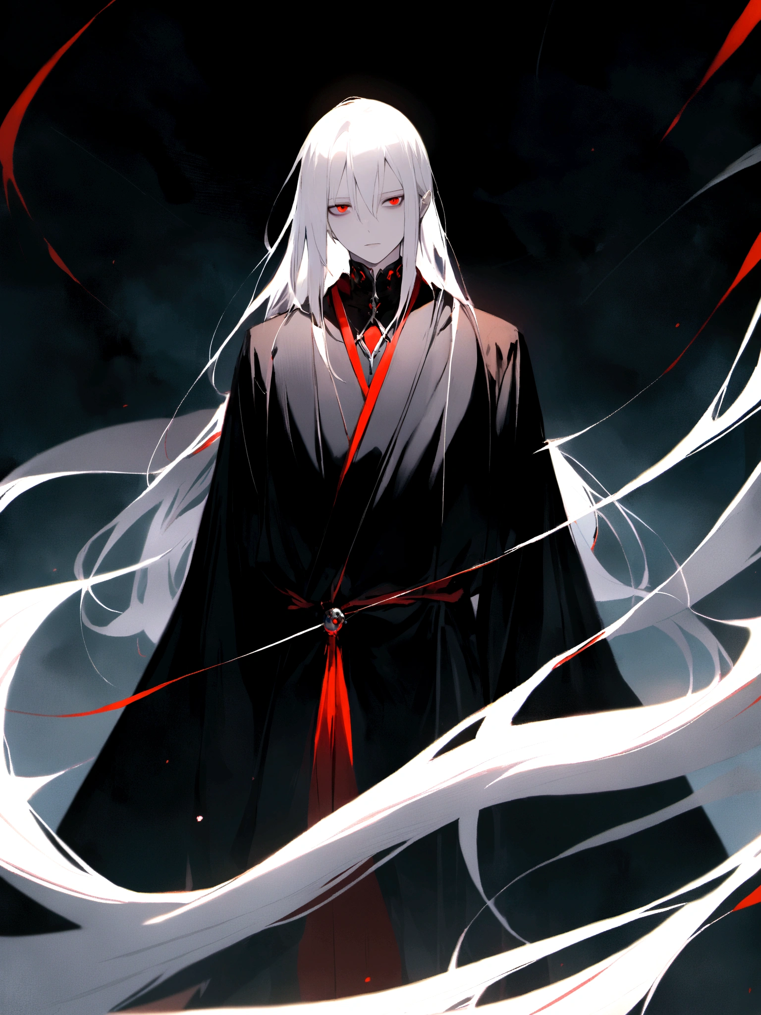 full-length, medium-sized boy, long white hair, pale skin, black robe, red eyes, calm gaze, bruises under the eyes