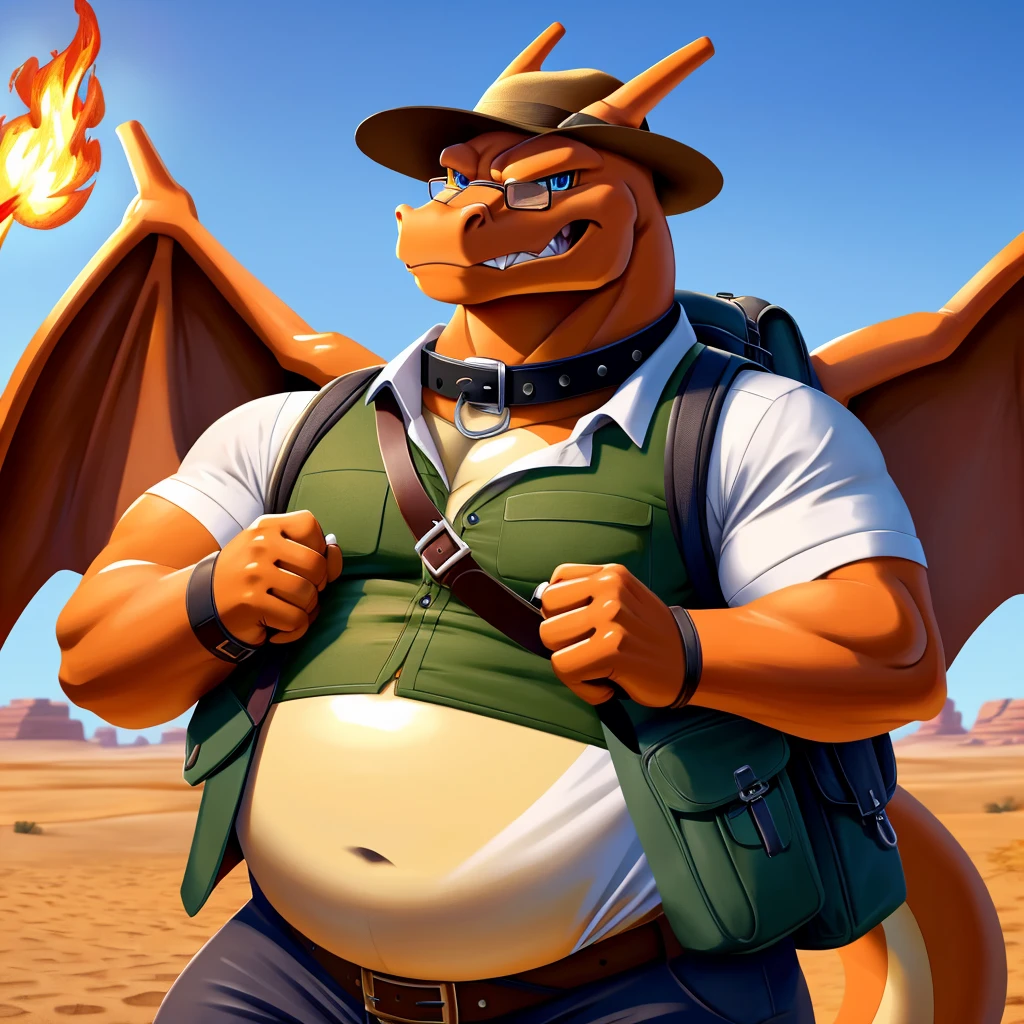 Male, fat, elderly, extremely obese, Charizard, blue eyes, (posing:1.3), (soft shading), 4k, hi res, ((detailed face, detailed)), looking at viewer, evil grin, desert, cactus, shirt, hat, male focus, Explorer Outfit, glasses, pants, bag, vest, backpack, sleeves rolled up, round eyewear, brown headwear, brown vest, Charizard is wearing a glossy leather dog collar around the neck, Charizard is wearing the leather collar and shirt and vest at the same time, Charizard is wearing glossy white rubber gloves on the hands, gloves are rubber in texture, clenching teeth, clenching fists, leather collar is glossy and shiny with a lot of detail.