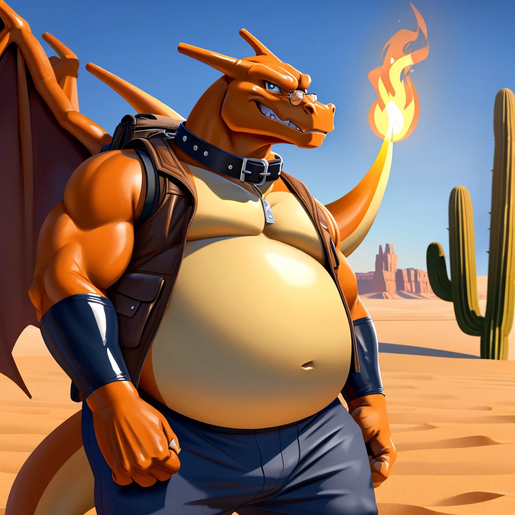 Male, fat, elderly, extremely obese, Charizard, blue eyes, (posing:1.3), (soft shading), 4k, hi res, ((detailed face, detailed)), looking at viewer, evil grin, desert, cactus, shirt, hat, male focus, Explorer Outfit, glasses, pants, bag, vest, backpack, sleeves rolled up, round eyewear, brown headwear, brown vest, Charizard is wearing a glossy leather dog collar around the neck, Charizard is wearing the leather collar and shirt and vest at the same time, Charizard is wearing glossy white rubber gloves on the hands, gloves are rubber in texture, clenching teeth, clenching fists, leather collar is glossy and shiny with a lot of detail.