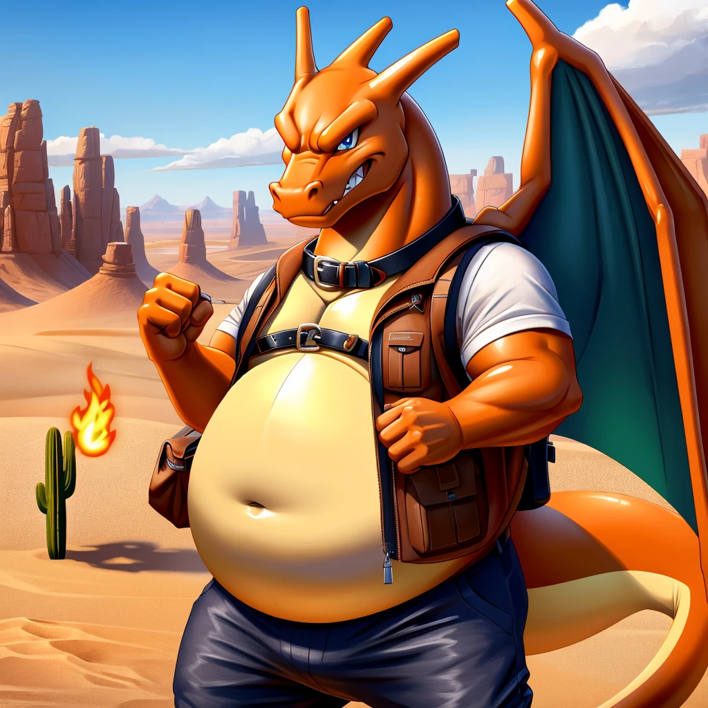Male, fat, elderly, extremely obese, Charizard, blue eyes, (posing:1.3), (soft shading), 4k, hi res, ((detailed face, detailed)), looking at viewer, evil grin, desert, cactus, shirt, hat, male focus, Explorer Outfit, glasses, pants, bag, vest, backpack, sleeves rolled up, round eyewear, brown headwear, brown vest, Charizard is wearing a glossy leather dog collar around the neck, Charizard is wearing the leather collar and shirt and vest at the same time, Charizard is wearing glossy white rubber gloves on the hands, gloves are rubber in texture, clenching teeth, clenching fists, leather collar is glossy and shiny with a lot of detail.