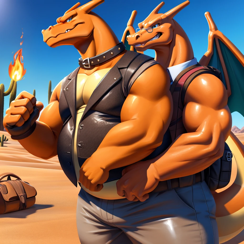 Male, fat, elderly, extremely obese, Charizard, blue eyes, (posing:1.3), (soft shading), 4k, hi res, ((detailed face, detailed)), looking at viewer, evil grin, desert, cactus, shirt, hat, male focus, Explorer Outfit, glasses, pants, bag, vest, backpack, sleeves rolled up, round eyewear, brown headwear, brown vest, Charizard is wearing a glossy leather dog collar around the neck, Charizard is wearing the leather collar and shirt and vest at the same time, Charizard is wearing glossy white rubber gloves on the hands, gloves are rubber in texture, clenching teeth, clenching fists, leather collar is glossy and shiny with a lot of detail.