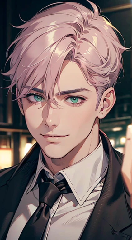 a mature man with short grey pink hair, green eyes, 31 years, and a perfect face, smiling in love, CEO, cinematic lighting, 1:4 HDR image, top view, ultra detailed, best quality, masterpiece, 8K, photorealistic, beautiful image