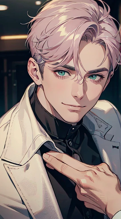 a mature man with short grey pink hair, green eyes, 31 years, and a perfect face, smiling in love, CEO, cinematic lighting, 1:4 HDR image, top view, ultra detailed, best quality, masterpiece, 8K, photorealistic, beautiful image