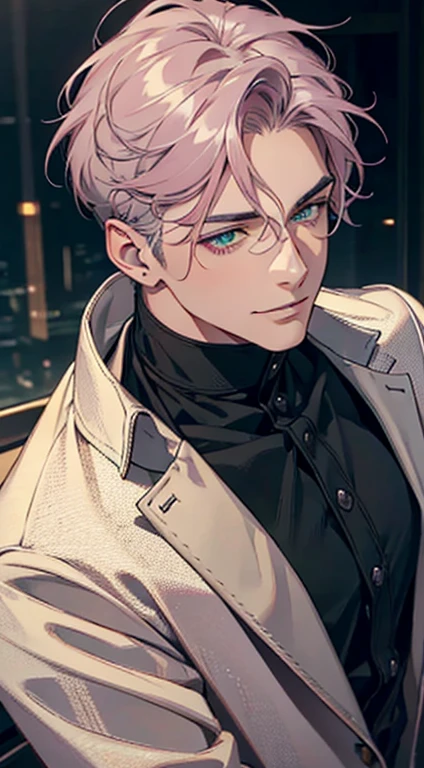 a mature man with short grey pink hair, green eyes, 31 years, and a perfect face, smiling in love, CEO, cinematic lighting, 1:4 HDR image, top view, ultra detailed, best quality, masterpiece, 8K, photorealistic, beautiful image