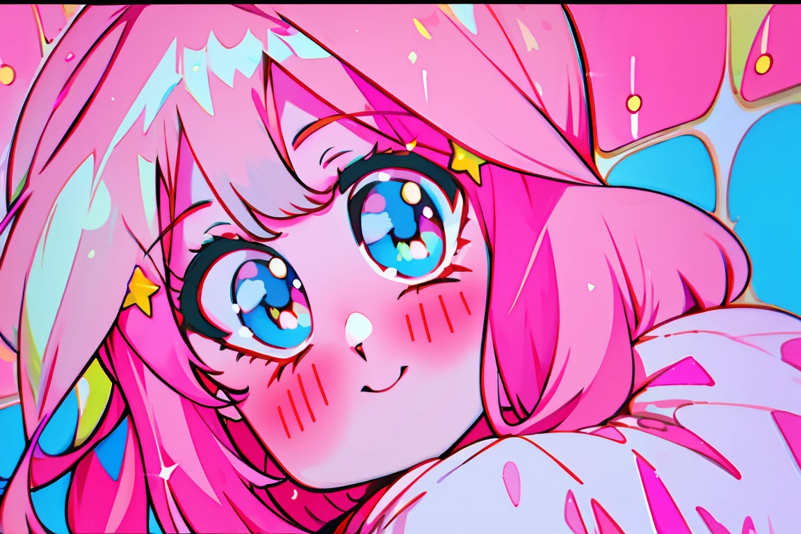 ((best quality)), ((masterpiece)), (detailed), perfect face, 1girl, nakano itsuki, smiling, whimsical, triad color pallette, hugging knees, looking at viewer, pink water droplets, smiling, flat colouring, full body, blank space on the left, fluffy red hair, star hairclips