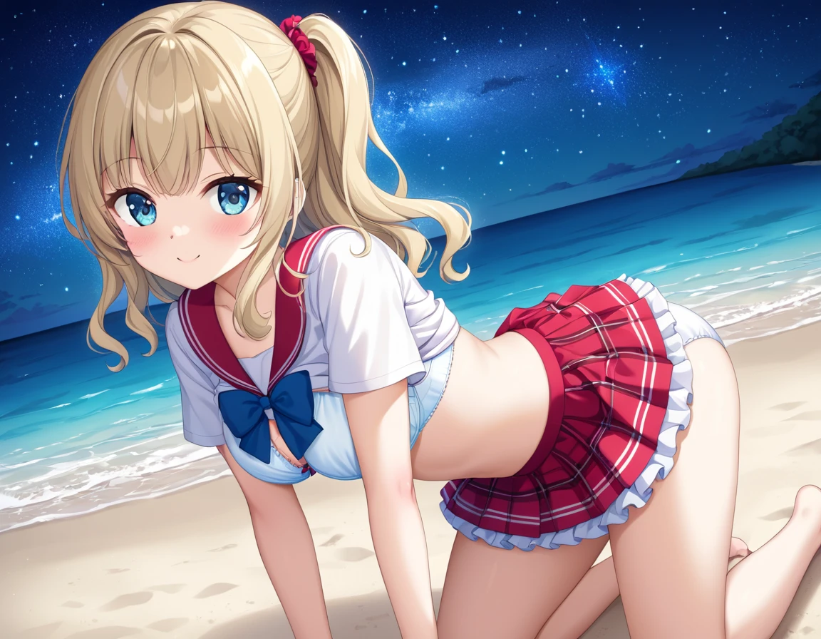 A cute white shirt that makes her look beautiful 、Unbuttoned white shirt、Blue 3/4 Cup Bra、Light blue frilled flared skirt、She holds up her skirt with both hands、Showing off her cute white underwear、The white underwear you can see when you lift up your skirt is cute、Sandy Beach, Beautiful sea, Night and starry sky