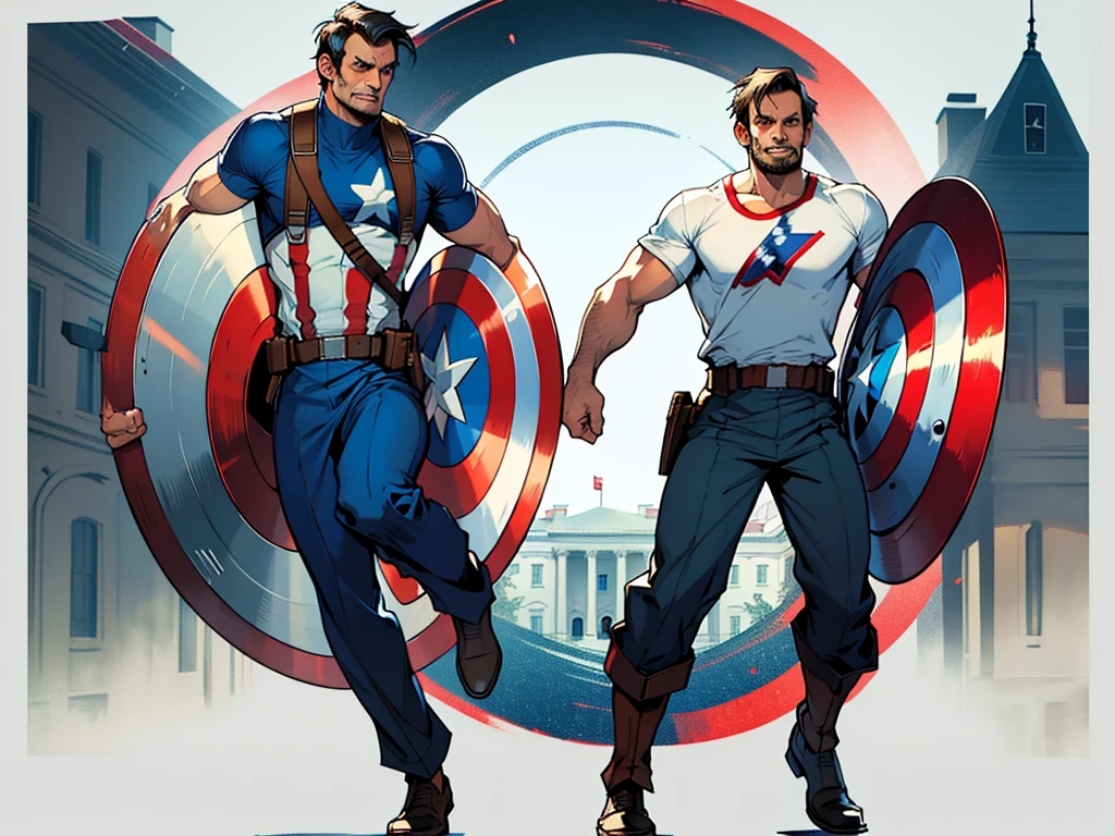 Abraham Lincoln full body, defending the White House, dressed as Captain America with the shield refletion bullets, a sunny day, image for t-shirt print