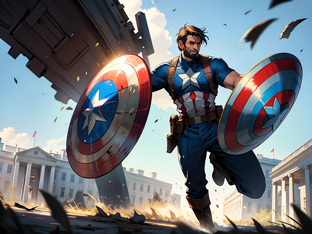 Abraham Lincoln full body, defending the White House, dressed as Captain America with the shield refletion bullets, a sunny day, image for t-shirt print