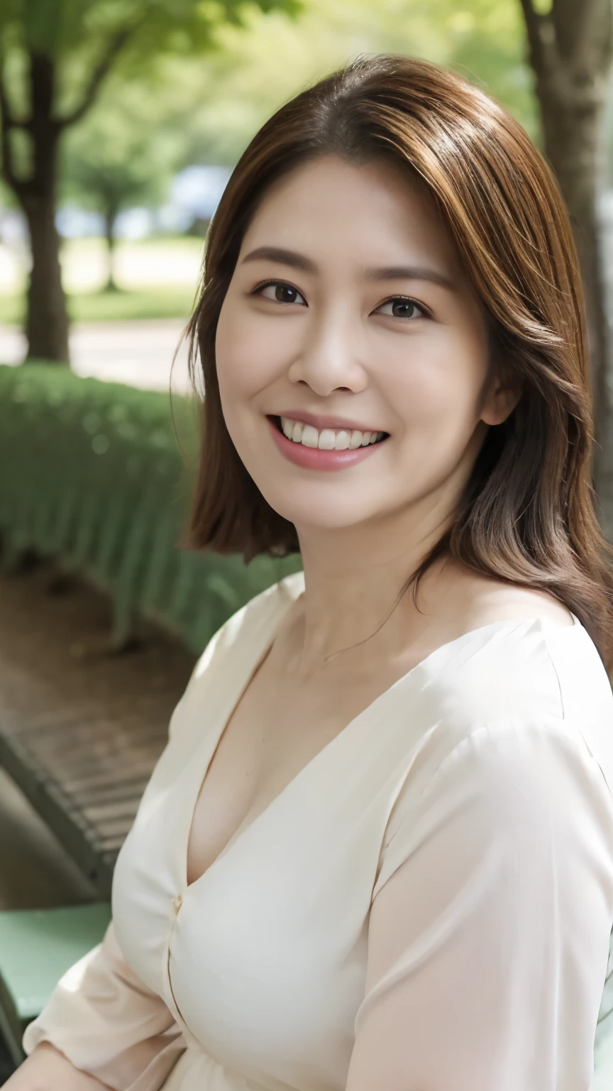 8k wallpaper, masterpiece, Highest quality, Super detailed, One Mature Woman, 50 years old, Become very clear, Wearing a short-sleeved blouse, Skin dents, Captivating smile, Looking at the audience, Cleavage, plump, Curvaceous, Fascinating face, Smiling with teeth showing, Wrinkles around the eyes, Sitting on a park bench, Background Blur