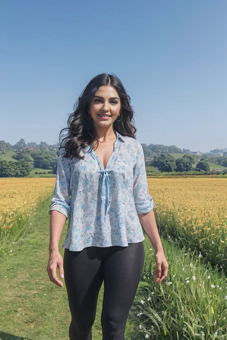  The image is a portrait of a sunny Leone walking in a field with black legging and a blue blouse.