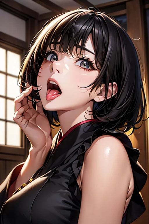 (masterpiece), ((最high quality)), (masterpiece,最high quality,Official Art,Highly detailed CG Unity 8k wallpaper)、Beautiful Japanese Women、Face drawn in detail、Smooth Skin、(Short black hair:1.5)、Calm expression、high quality、Realistic、((Hollow Eyes:1.3))、A seductive smile、(Open your mouth and stick out your tongue:1.3)、(Looking up at the viewer:1.4)、(Saliva:1.3)、((Place one hand over your mouth))、Big Breasts